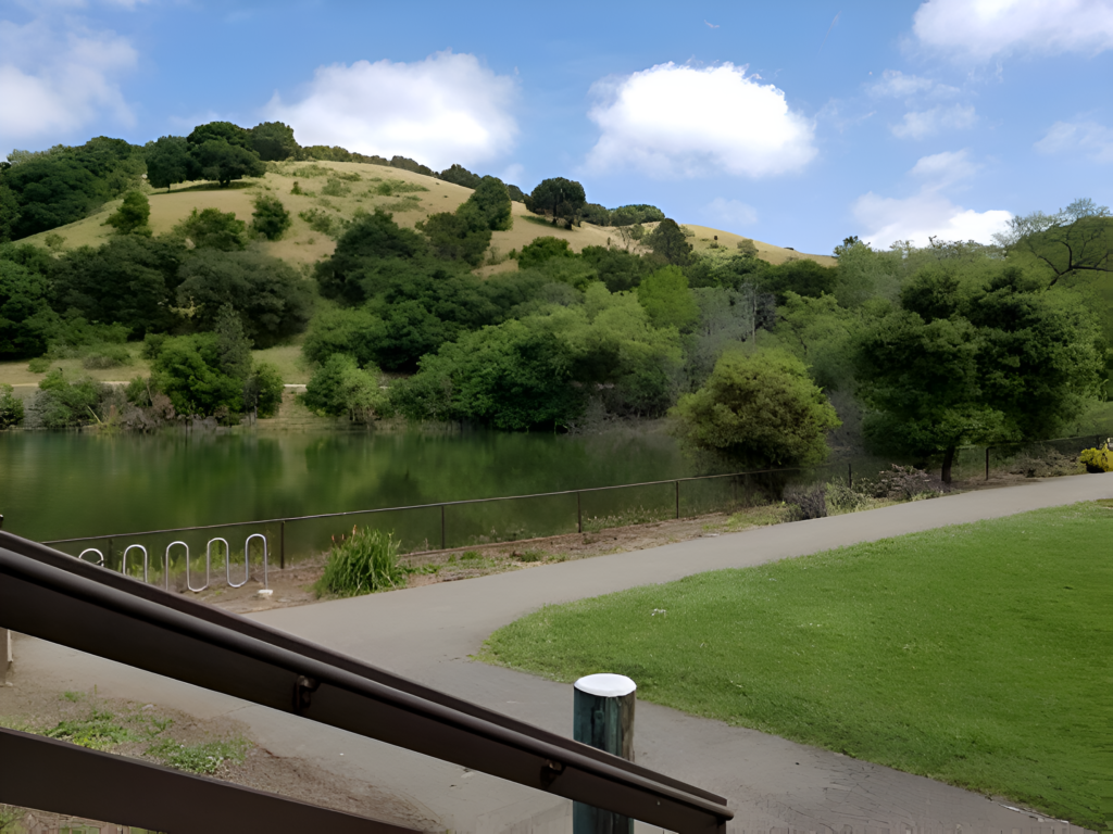 Nature landscape in Castro Valley, CA, with a peaceful lake, lush greenery, and hills.