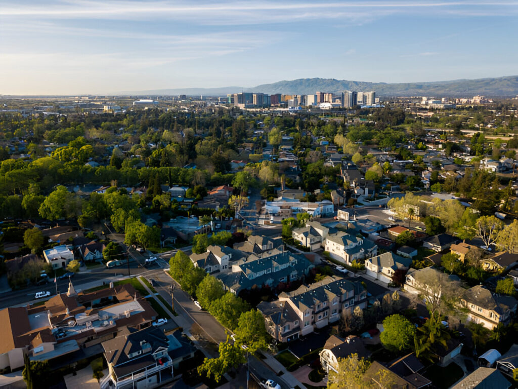 Sunnyvale, California, suburban neighborhood seen from above, featuring residential homes and a strong housing market.